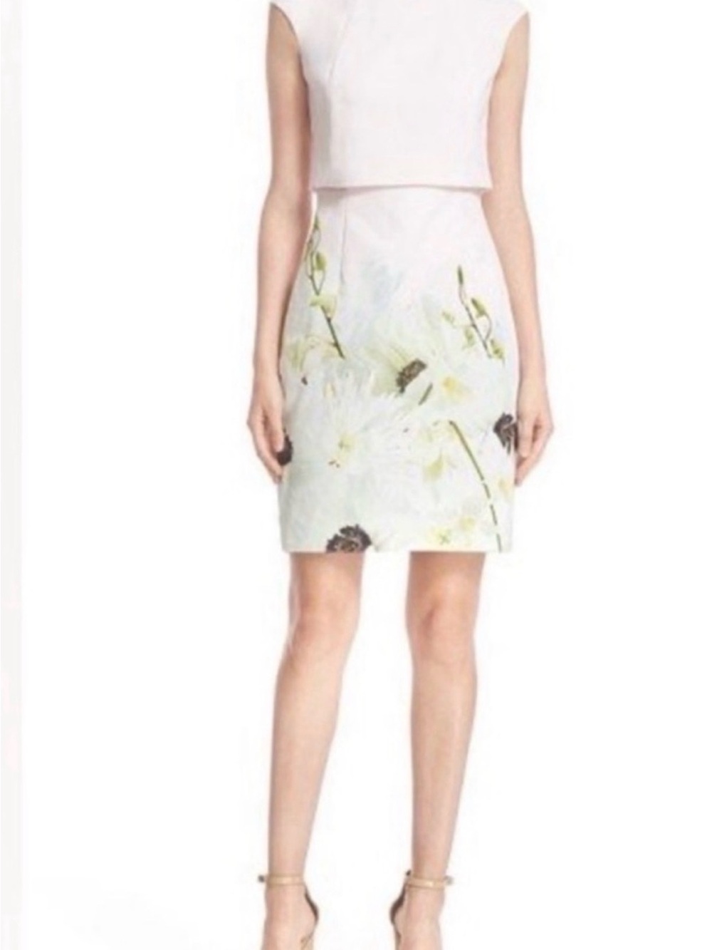 Floral Pencil Skirt in Soft White and Pastel Green